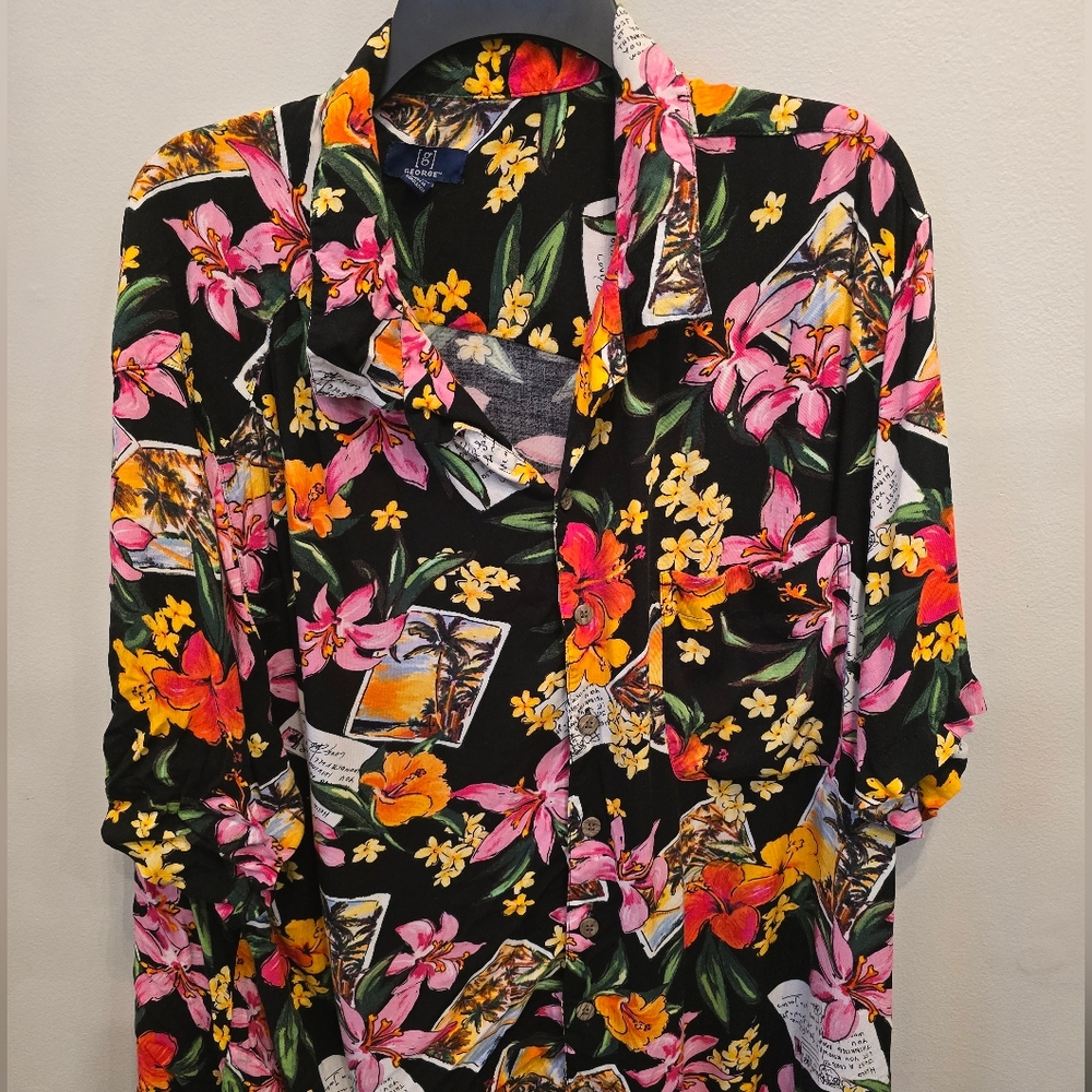 George Men's Floral Casual Button Down Shirt - Black, Pink, Yellow